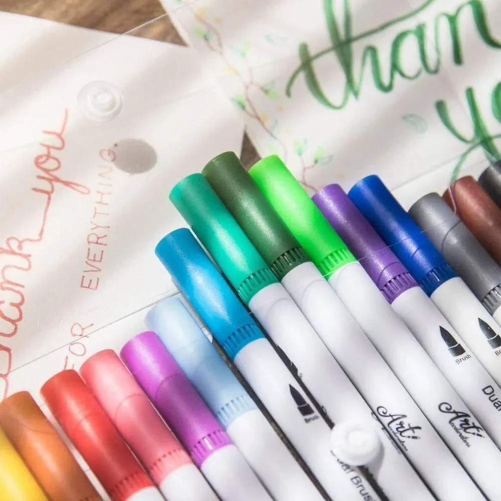 Water Based Art Markers - 16 Colors for Lettering, Coloring, Dual Brush Pens